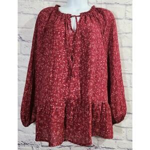 Old Navy Burgundy Floral Print Ruffled Hem Top L Lightweight Soft Flowy Tie Neck